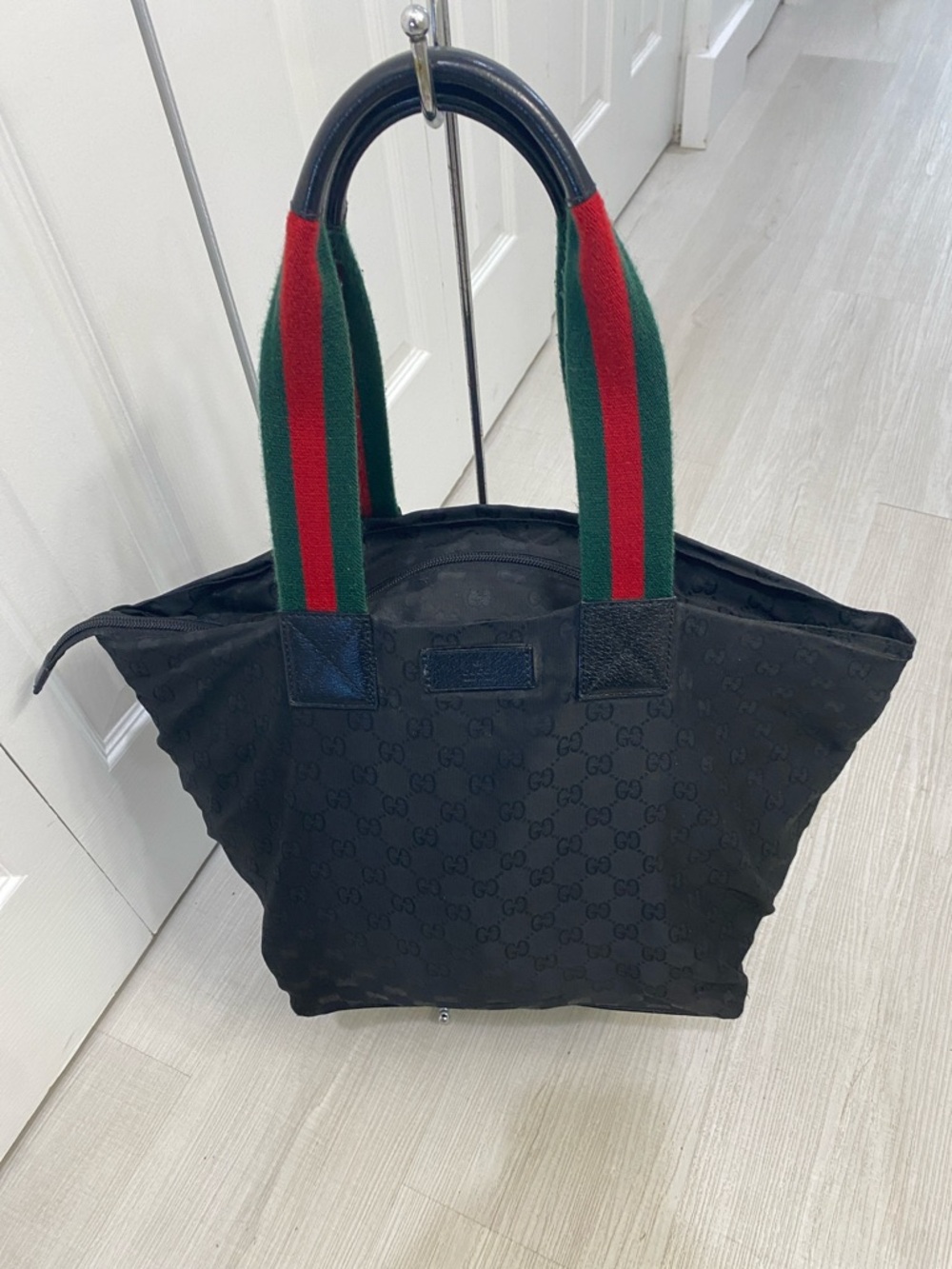 Gucci Black GG Nylon Tote with Red and Green Web Handles